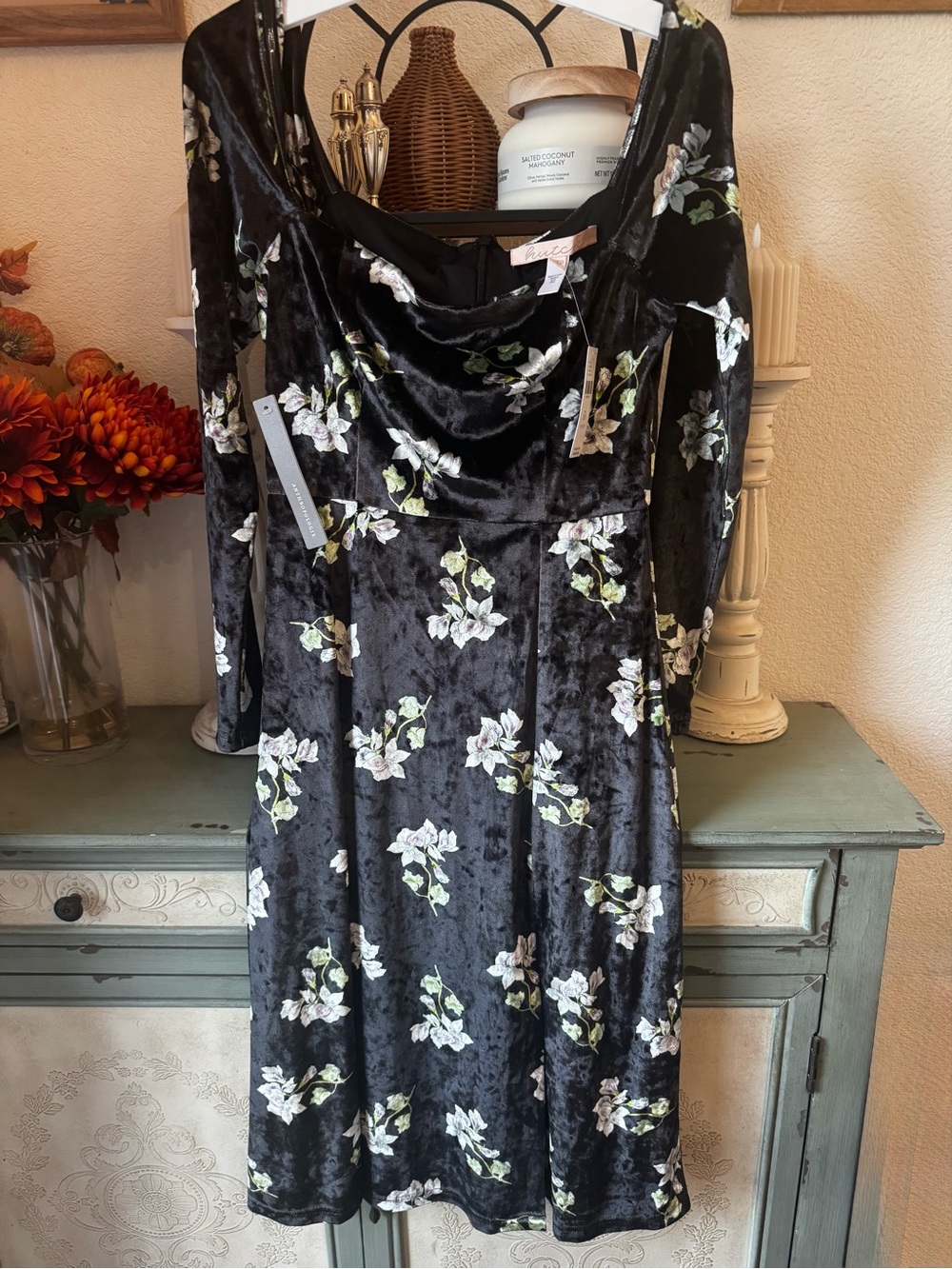 Hutch by Anthropology Black Velvet Floral Dress
